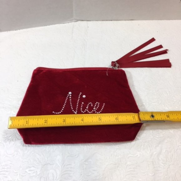 Naughty Nice Red Velour Rhinestones Makeup Cosmetic Zip Bag Christmas 7x2x5" - Picture 5 of 7